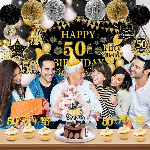 50th Birthday Decorations for Men Women, 46 Pcs Black Gold Happy 50 Year Old Party Supplies 1975 Birthday Gifts Banner Backdrop Balloon Cake Topper Honeycomb Centerpiece Hanging Swirls Set