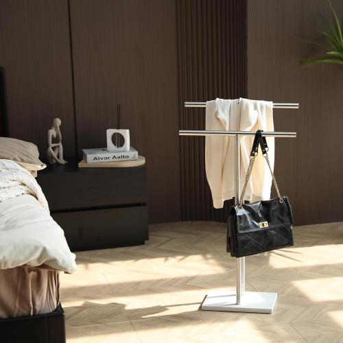 Free Standing Towel Rack for Bathroom - Brushed Nickel Finish - Stand Alone 2 Tier Stainless Steel Towel Rack for Bathroom Floor with Heavy Marble Base, Double T Shape Drying Stand for Towels