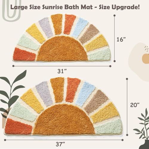 Large 37 x 20 Sunrise Boho Bathroom Rugs,Half Circle Bath Mat Cute,Sun Bath Mats,Retro Bohemian Half Round Home Bathroom Decor,Small Colorful Fun Semi Round Shower Rug Non-Slip