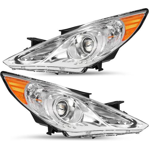 JSBOYAT Headlight Assembly Compatible with 2011-2014 Hyundai Sonata 4 Door Sedan w/Projector Halogen, Not Fit for Hybrid Models, Chrome Housing with Amber Reflector