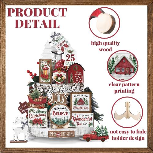 Holiday Tiered Tray Decor Christmas Tiered Tray Decorations Set Truck Wooden Signs Farmhouse Table Decorations for Home Table Shelf (Wonderful)