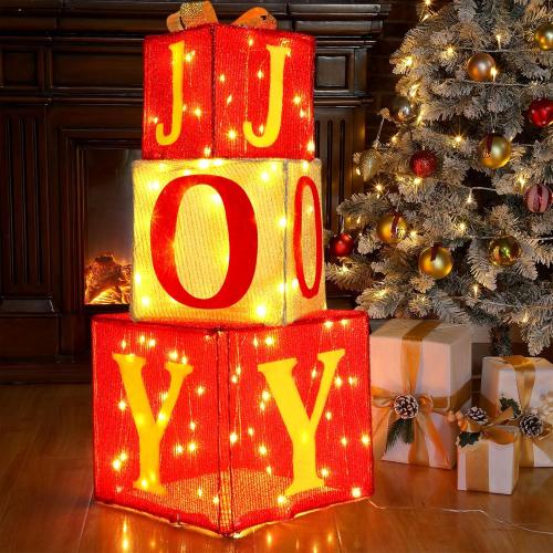 Honoson 3 Sets Extra Large Christmas Lighted Gift Boxes 8.1'' 10.5'' 12.5'' Joy Present Boxes Pre Lit with 100 Warm White Lights Christmas Decorations for Home Indoor Outdoor Garden Lawn