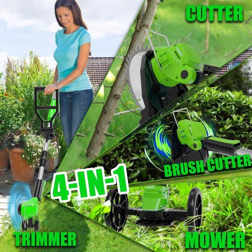 Color Green Electric Cordless Weed Wacker Eater Battery Powered, Lightweight No-String Weed Trimmer with 2 21V/2Ah Battery Operated&5 Types Blade&Wheels, Grass Trimmer/Edger Lawn Tool/Brush Cutter for Garden Yard