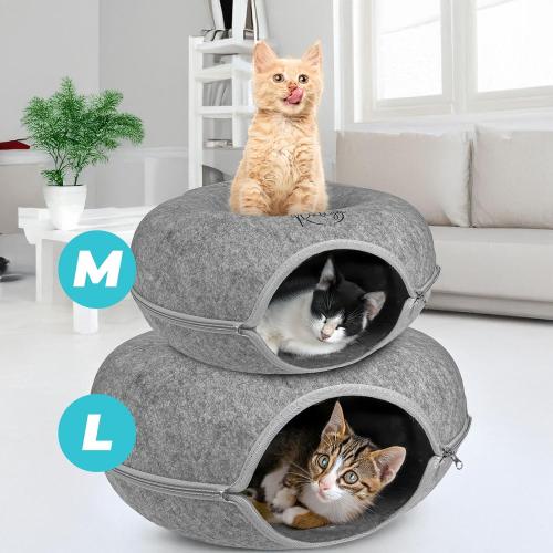 Peekaboo Cat Cave, Cat Tunnel Bed, Premium Cave Donut Tunnel Bed Set with Pet Brushes Bath Massage, Donut Design - Ideal Houses for Indoor by PALIGU & CO (Grey, Medium)