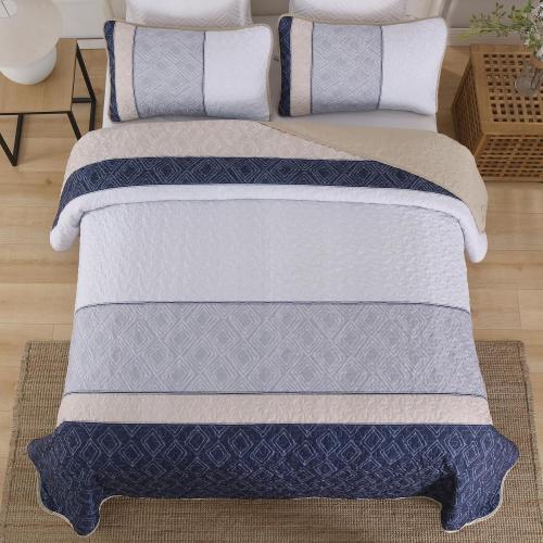 Cottolester Boho Quilt Set Queen Size 3 Pieces,Khaki and Navy Blue Striped Bedspread Coverlet Set,Bohemian Bedding Set Soft Microfiber Bedding Set for All Season 96x90