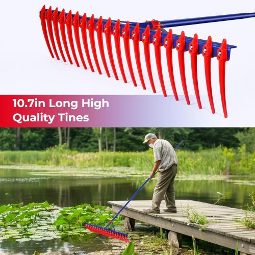 40 Extra-Large Heavy Duty Lake Weed Rake for Ponds with 11 Long Plastic Tines, 11ft Commercial-Grade Aquatic Weed Removal Tool, Deep Water Weed Cleaner for Large Aeras, Ergonomic Handle.