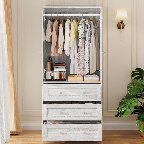 Armoire Wardrobe Closet with Drawers Gray Oak and Mirror, Clothing Storage Cabinet with Hanging Rod, 2 Doors Wooden Wardrobe Cabinet for Bedroom, Large Capacity Storage