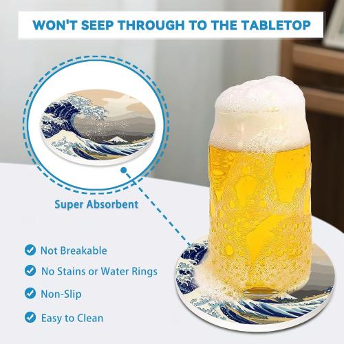 Japanese Style Waves Round 4 Cup Coasters Set of 4, Absorbent Ceramic Coasters with with Cork Backing, Table Home Decor, Gifts for Women Men