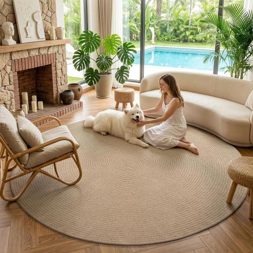 LUMI Jute Area Rug 5ft Round for Living Room, Natural Braided Woven Rugs Non Slip, Neutral Farmhouse Carpets No Shedding, Durable for High Traffic, Dining Room, Indoor, Outdoor, Patio