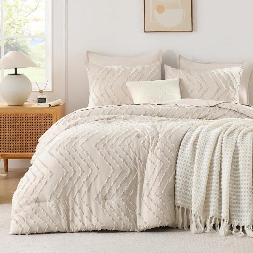 Andency King Size Comforter Set Beige, Boho Cream Soft Warm Tufted Neutral Bedding Comforter Sets for King Size Bed, 3 Pieces Aesthetic Chevron Farmhouse Cute Bohemian Textured Bedding Set