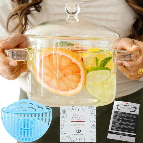 2L Clear Glass Simmer Pot with Lid & Strainer | Heat-Resistant Borosilicate Glass Pot for Pasta, Soup, Baby Food & Milk | Electric Simmer Tool for Home Fragrance | Anti-Scald Handles Missing Tap