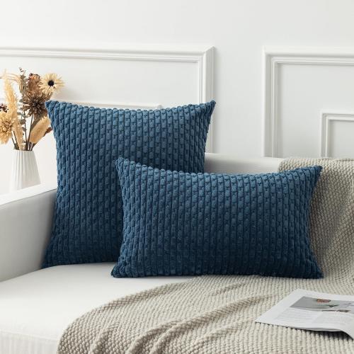 Kevin Textile Throw Pillow Covers Soft Corduroy Decorative Set of 2 Boho Striped Pillow Covers Pillowcases Farmhouse Home Decor for Couch Bed Sofa Living Room 18x18 Inch Blue