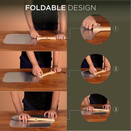 Large Pizza Peel 16 inch - Extra Large Metal Pizza Peel with 14 inch Stainless Steel Pizza Cutter Rocker, Pizza Paddle with Folding Handle (13x16 with 14 Cutter)