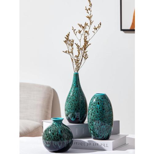Ceramic Bud Vase Set, Fambe Blue Glazed Finish, Decorative Flower Vases (Blue-Set of 3)