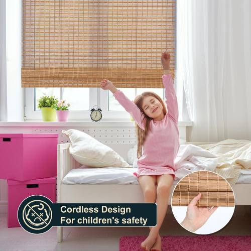 Cordless Wood Window Blinds, Bamboo Sheer Light Filtering Woven Roman Shades, Tiger Wood, 22.5 W X 48 H