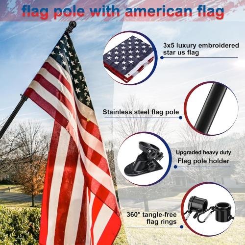 American Flag with Pole Kit - 5ft Heavy Duty Non-Tangle Flag Pole Holder for Outside House,3X5 Embroidered US Flag,Dual Bracket for Hanging Banners,Garden Flags,Grommets, for Front Porch,Outdoork