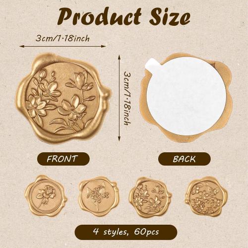 WSICSE 60Pcs Wax Seal Stickers, Wedding Invitation Envelope Seal Stickers Adhesive Backed Light Gold for Wedding, Party,Graduation,Mother's Day,Gift Wrapping (4 Flower Styles)
