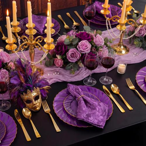 YOUBET 125PCS Purple Plastic Dinnerware Set - Gold and Clear Purple Disposable Plates Include 50 Plastic Plates 75 Silverwares for Wedding Birthday Parties & Party