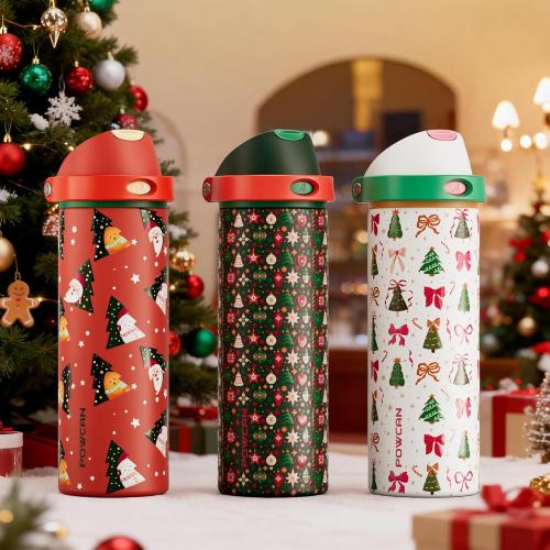 POWCAN 24 oz Christmas Insulated Water Bottle: 2-in-1 Push-Button Spout & Quick-Flip Straw, Leakproof, Car Cupholder Friendly, Stainless Steel Water Bottle for Gift, Sports, Travel (Santa Parade)