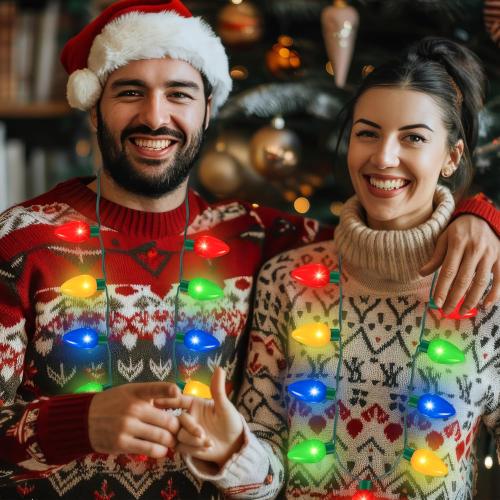 QZYL 2 Pack Christmas Light Necklace, Colorful Christmas Accessories, 9 LED Bulbs Light Up Necklace with 3 Flash Modes, Ugly Sweater Lights for Xmas New Year Party Favor Supplies Accessories
