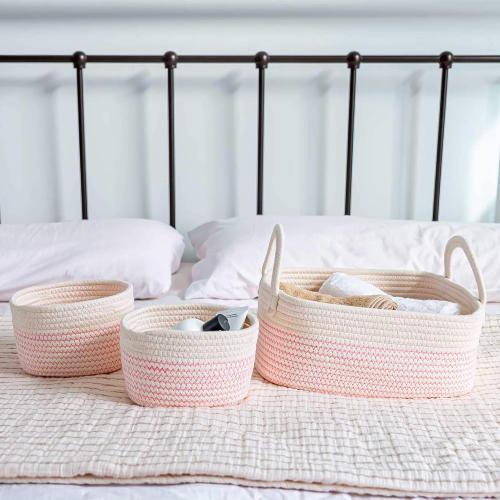 OrganiHaus Pink Baby Changing Basket, Nursery Storage Baskets for Shelves, Cotton Rope Basket w/Handles, Cloth Basket for Toys, Towel Basket Bins, Set of 3 Small Woven Basket for Storage