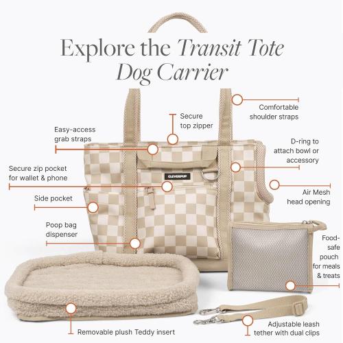 CLEVERPUP Transit & Treat Bundle - Premium 4-Piece Transit Tote Dog Carrier in Tan Checkerboard