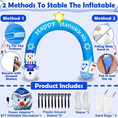 8 FT Hanukkah Inflatable Outdoor Decorations-Giant Chanukah Blow Up Inflatable Arch with Snowmen & Dreidel-Built in 5 LED Lights,Hanukkah Outdoor Decorations for Holiday Lawn Yard Garden Decor