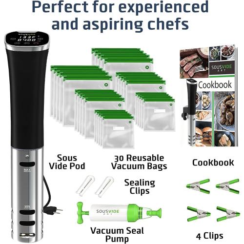 Black and Silver SOUSVIDE ART Sous Vide Immersion Cooker Kit - Machine with Digital Timer, Temp Control, 30 Bags, Vacuum Pump, Suvee Cooker Gift for Chefs