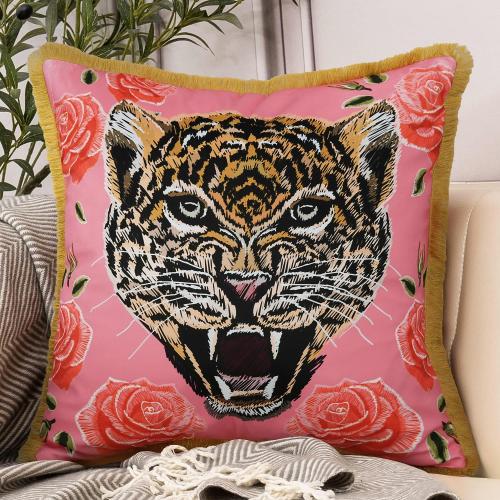 Tiger Floral Velvet Decorative Throw Pillow Cover 18x18 In Pink Pillow Covers Flower Animal Print Tiger Cushion Cover with Tassels Modern Decor Square Pillowcase for Sofa Couch Bedroom Living Room