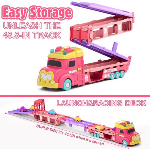 Carrier Truck Toys for Kids, Princess 3.8-FT Foldable Hauler Track Ejection Car and 6 Carton Car with Light&Sounds, Truck Toy Child Toys for 3 4 5 6  Year Old Girls-Pink