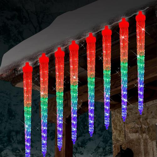 WATERGLIDE Meteor Shower Lights, 12 Outdoor Icicle Christmas Lights 8 Icicles 192 SMD LED Crystal Ice Falling Light, Connectable Raindrop Light, Xmas Winter Party Tree Holiday Decor, Multicolor