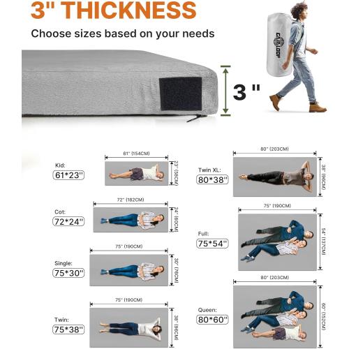 3 Inch Memory Foam Camping Mattress, Dual Layer Thick Sleeping Camp Pad for Car Tent Cot, Roll-Up Portable Glamping Floor Bed for Guests Sleepover
