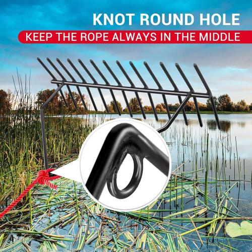 32 Aquatic Weed Rake, No Assembly Required, 8.6 Steel Rod Lake Weed Cutter, One-Piece Welding, Lake Weed Rake for Pond Beach Landscaping, Perfect Tie Hole, 30ft Thicker Rope and Net, Black.