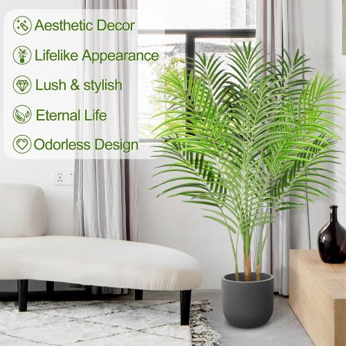 Artificial Palm Tree 4ft Tall Fake Indoor Decor with 13 Trunks and Real Bark Design Faux Tropical Areca Silk Floor Plant in Pot for Home Office Living Room Bedroom 1pcs