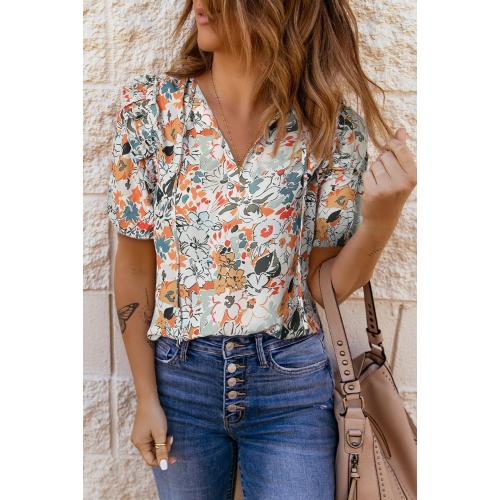 Size XL ..Women's Casual Chiffon Crew Neck Floral Print Ruffle Bubble Sleeve Blouse Fashion Loose Soft Summer Shirt Pullover Top