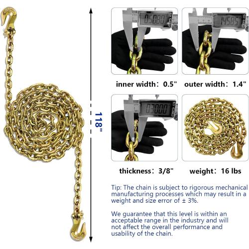 3/8 Chain Trailer Chains with Hooks, Grade 80 Tow Log Chain 7100 lbs Working Load for Truck Farm Construction(3/8 in x 10FT)