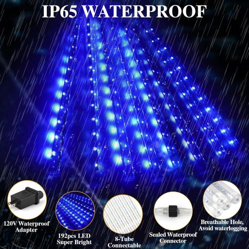 Meteors Shower Lights, 192 LED Falling Rain Lights 8 Tubes 11.8 Inch Waterproof Christmas Plug in Snowfall LED Outdoor for Tree Party Garden Yard Holiday Christmas Decoration, Blue
