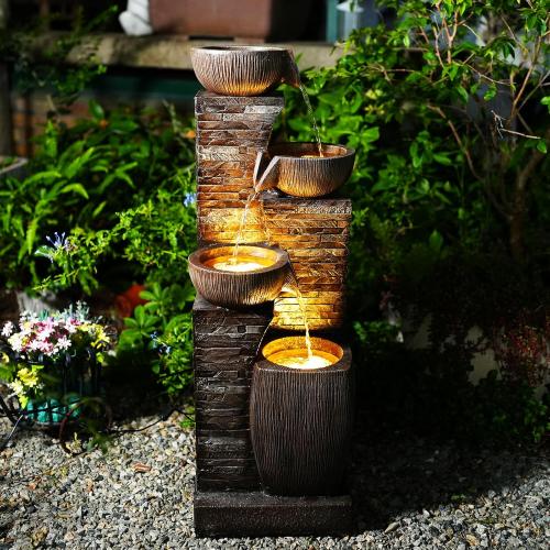 38.2 Tall Outdoor Water Fountain,Stone Texture Modern 4 Tiers Cascading Bowls Garden Fountains Outdoor,Suit for Patio, Deck, Porch, Lawns, Backyard and Home Art Decor