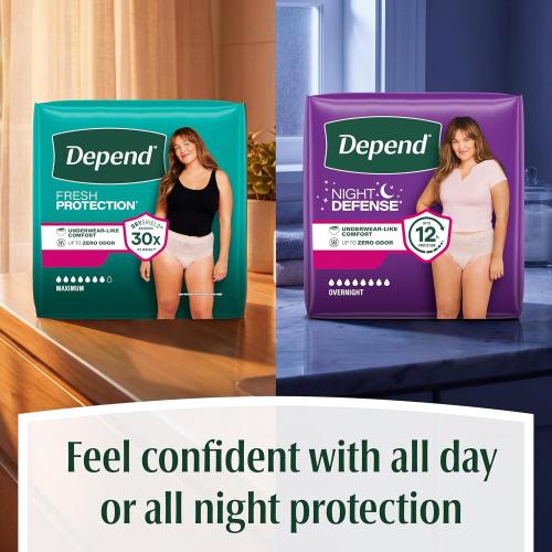 Depend Night Defense Adult Diapers, Incontinence & Postpartum Bladder Leak Underwear for Women, Disposable, Overnight, Large, Blush, 56 Count (4 Packs of 14), Packaging May Vary