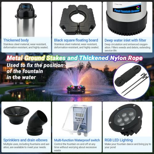 Pond Fountain Aerator with Lights Dynamic RGB Light 1HP 750W Floating Fountain for Pond Lake, 110V 15000 GPH Fully Automatic Stainless Steel Fountain Pump 100Ft Cord with 4 LED Lights and Nail, Rope