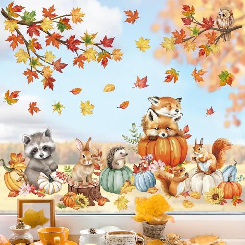 wondever Fall Woodland Animals Window Clings Decals Pumpkin Glass Sticker | Thanksgiving Vinyl Static Cling, Anti Collision, Double-Sided, Reusable Removable, Easy to Apply, for Window Glass Door Home