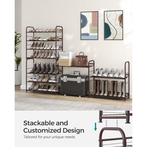 SONGMICS Stackable Shoe Rack, 4 Tier Metal Shoes Rack Storage Shelf, Holds up to 20 Pairs Shoes, Adjustable Slanted Shelves Tower Organizer for Closet Entryway Small Spaces, Bronze