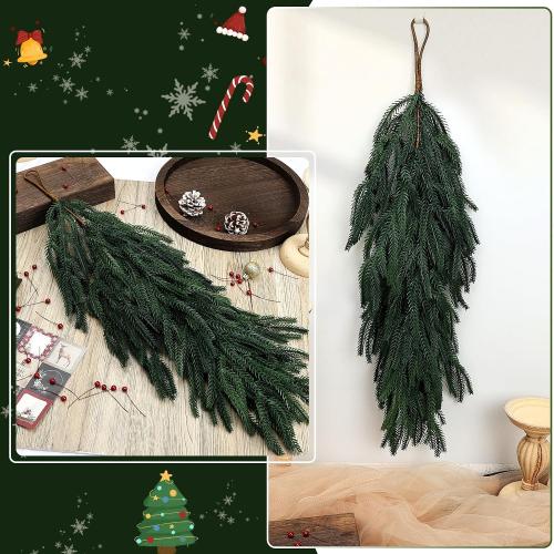 2 Pcs Christmas Swag - 27 Inch Teardrop Swag with Artificial Pine Needles Greenery Swags for Xmas Front Door Staircase Window Wall Mantel Decor - Dark Green