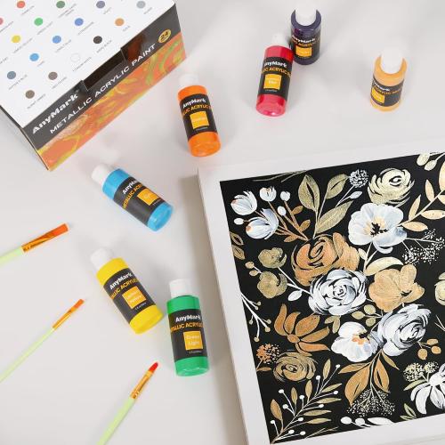 AnyMark Metallic Acrylic Paint, 48 Colors with 12 Brushes, 2 fl oz/60ml Bottles, Glitter Acrylic Paint Set for Kids Adults Canvas, Rock, Wood