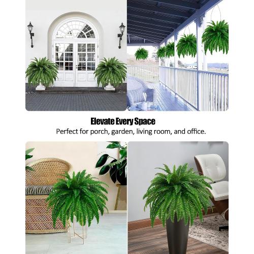 GYERB 48 Large Artificial Boston Fern Plants for Outdoor Indoor, Fake Ferns for Front Porch Hanging, Faux Greenery Bushes for Home Garden Office Decor, Silk Fern with Realistic Fronds, 88 Branches