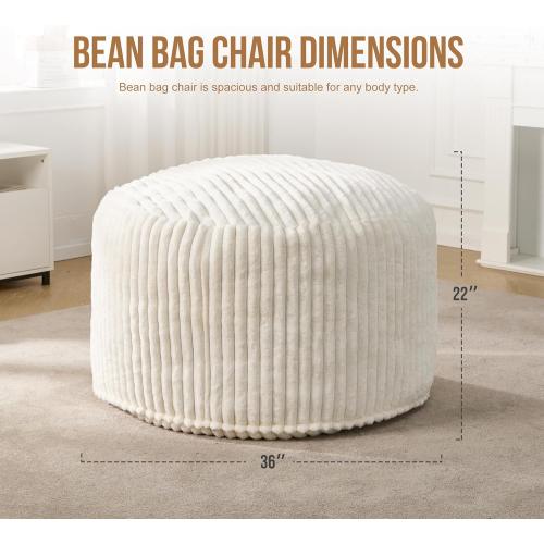 Hobestluk 3ft Bean Bag Chairs for Adults Large Beanbag Chair with Stripe Plush Cover Big Bean Bag Chair for Living Room Bedroom Dorm Office - White (36” x 36” x 22”)