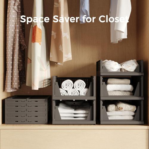 Pack of 5 Color Black Pinkpum 5 Pack Folding Closet Organizers - Stackable Plastic Drawer Basket for Clothing, Shelf Storage Container for Closet, Wardrobe, Bedroom, Bathroom, Office (Black)