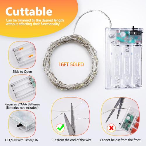 Joomer LED Fairy Lights Battery Operated, 4 Pack Each 16FT 50 LED Cuttable Starry Lights with Timer for Bedroom, Parties, Wedding Christmas Indoor Decor (White)