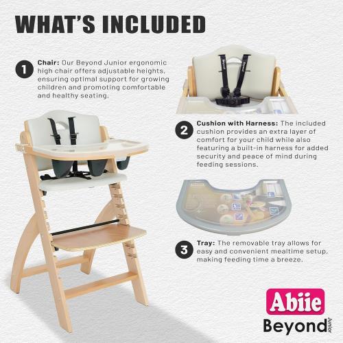Abiie Beyond Junior Wooden High Chair for Babies and Toddlers - Convertible 3-in-1 Baby Highchair with Removable Tray - 6 Months to 250 Lb - Water Resistant - Natural Wood/Dove Grey Cushion