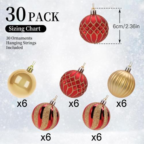 SHareconn 30ct 2.36 Inch Christmas Tree Balls Ornaments, Colored Shatterproof Plastic Decorative Baubles Decorations for Xmas Tree Decor Holiday Party Wedding Decoration (Red & Gold, 60mm)